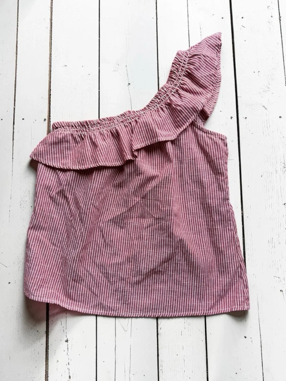 So It Is One Shoulder Top Medium Red White Stripe Ruffle Cotton Summer Blouse - Picture 2 of 8